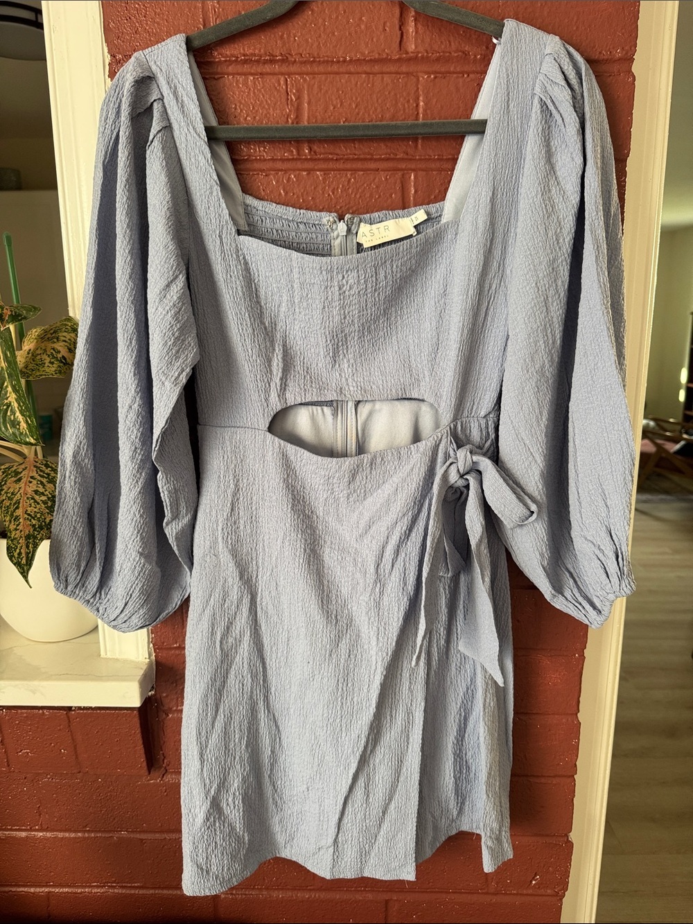 ASTR the Label Light Blue Square Neck Puff-Sleeve Wrap Cutout Mini Dress XS